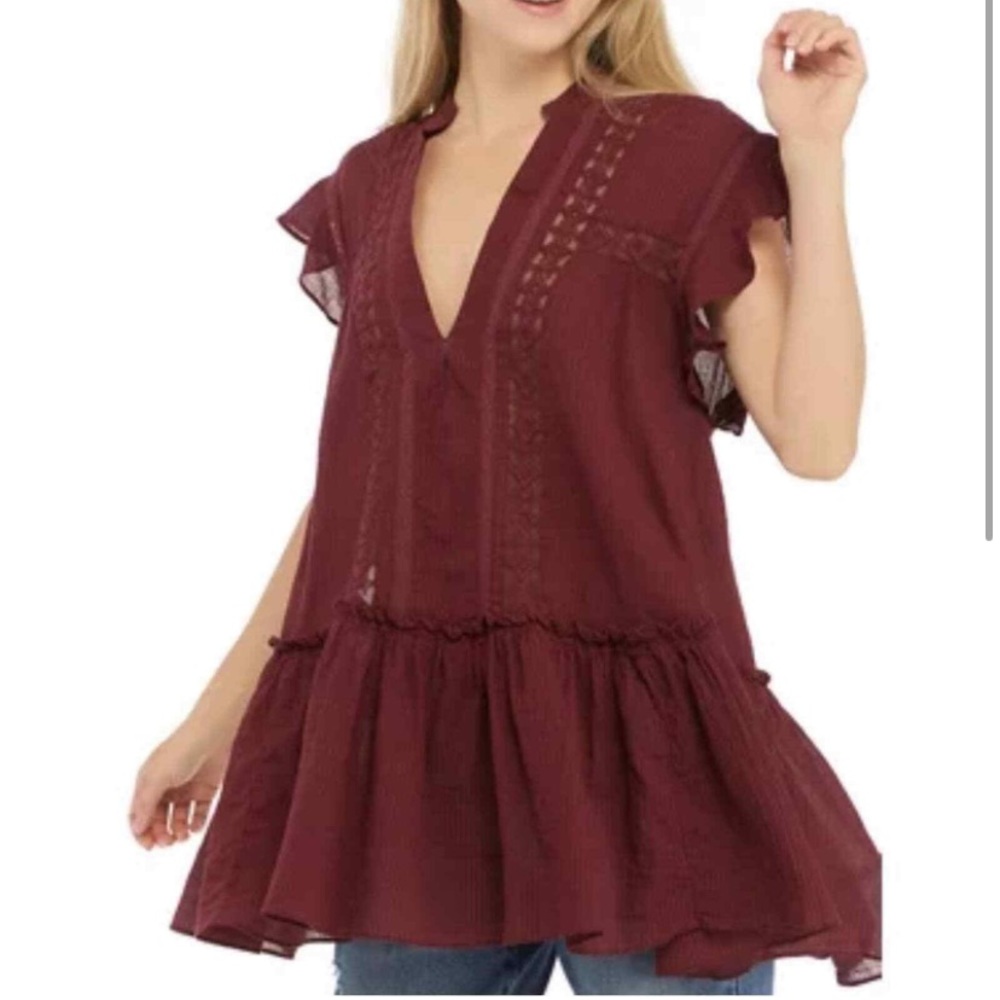 FREE PEOPLE PLUNGE ROMANTIC RUFFLE TUNIC DRESS FLUTTER TOP